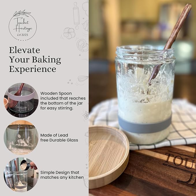 Sourdough Starter Jar (32oz) | Sourdough Starter Kit | Thick, Durable Glass w/Bamboo Lid | 6.5” x 4" | Wide Mouth Glass Jar for Sourdough with Wooden Spoon & Silicone Measuring Band