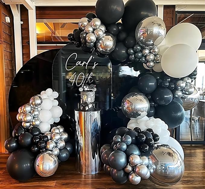 136pcs Black Silver White Balloons Garland Arch Kit,18 12 10 5 Inch Different Sizes Pack Party Latex Balloons for Disco Theme Birthday, Graduation, 90s Party Decorations