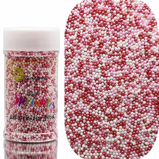 SE Si&Moos Nonpareil Sprinkles, 2mm Red Pink and White Mini Edible Pearls Red and Pink Sprinkles for Cake Decorating Valentines Cake Decorations Wedding Baby Shower Party Valentine Christmas Holiday Supplies 3.5 OZ