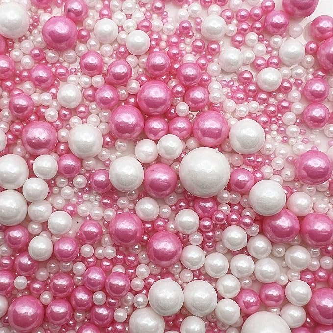 SE Si&Moos Hot Pink and White Pearl Sprinkles for Cake Decorating Valentines Sprinkles White Edible Pearl Cake Decorations Hot Pink Sprinkles for Cake, Baby Shower Valentine Party Holiday Christmas Supplies 3.5 OZ