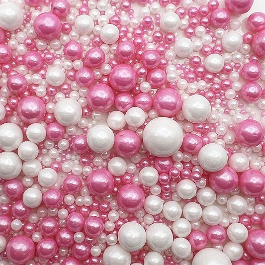 SE Si&Moos Hot Pink and White Pearl Sprinkles for Cake Decorating Valentines Sprinkles White Edible Pearl Cake Decorations Hot Pink Sprinkles for Cake, Baby Shower Valentine Party Holiday Christmas Supplies 3.5 OZ