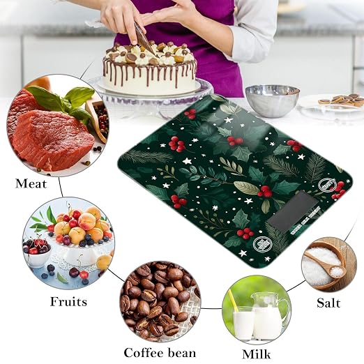Food Scale Kitchen Scale Food Weight Scales Digital Weight Grams and Ounces Small Electronic Food Scale for Baking Cooking Holly Berries Pine Needles Stars Dark Green