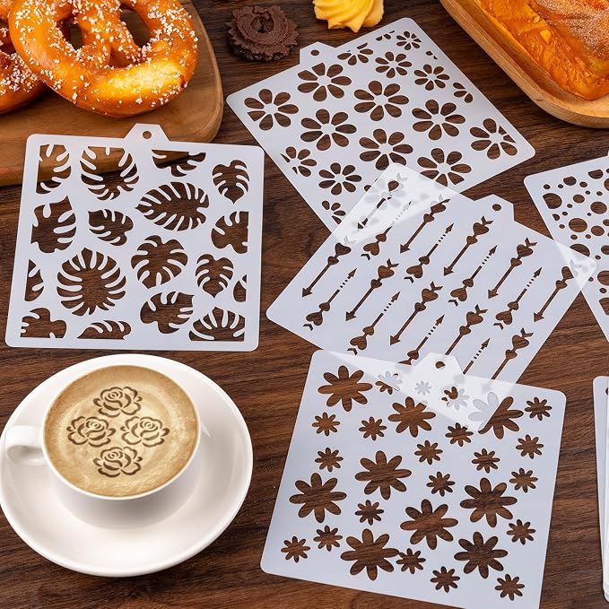 42PCS Cookie Stencils Reusable Cookie Cake Stencils Royal Icing, Plastic Baking Stencil for Cake Decorating Buttercream Dessert Coffee DIY Drawing Birthday Party (Random Style 5.5In)