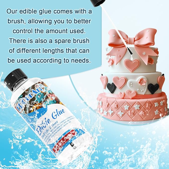 Edible Glue for Cake Decorating - Transparent Edible Flowers Cake Adhesive for Fondant, Icing Decorating, Cookie, Baking, Buttercream - 100ml/3.4 oz