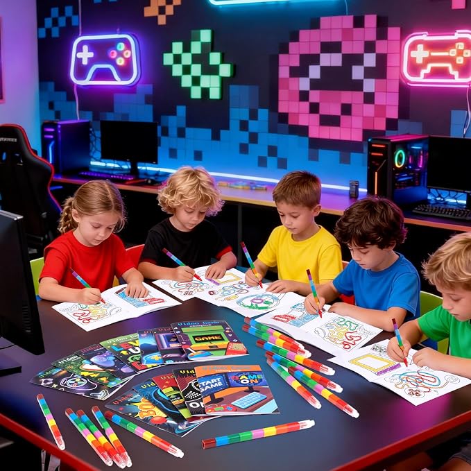 BenLouis 12 Video Game Mini Coloring Books Kids with 12 Stacking Crayons Gaming Party Favors Small Activity Books Bulk for Kids Boys Neon Game Level Up Party Gift Goodie Bag Stuffers