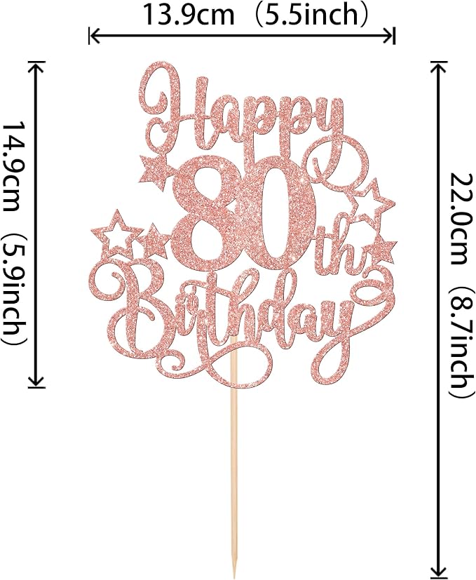 1 PCS Happy 80th Birthday Cake Topper Glitter Cheers to 80 Years Birthday Cake Pick Hello 80 Fabulous Cake Decoration for Happy 80th Birthday Anniversary Party Decorations Supplies Rose Gold