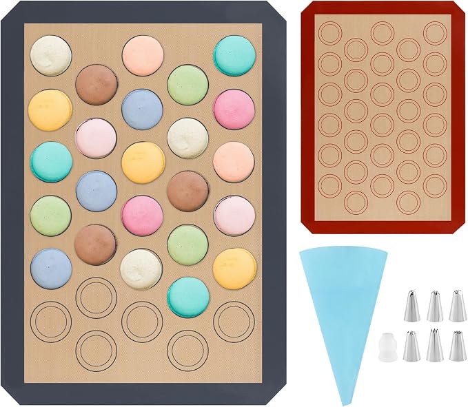 16Pcs Macaron Silicone Baking Mats Kit, Reusable Nonstick Macarons Baking Supplies Silicone Bakeware Mats with Baking Tools for Oven, Cookie, Bread(Brown,Size:16.5x11.6inch)