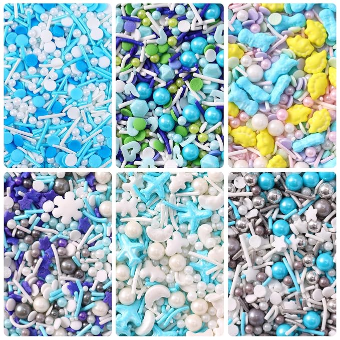 Sprinkles For Cake Decorating, Cupcake, Cookies, Ice Cream Topper, 6 Packs Blue Sprinkles, Winter Snowflakes Sprinkles, Six of assorted Sprinkles for Baking, Perfect for Party, New Year’S Eve, Wedding