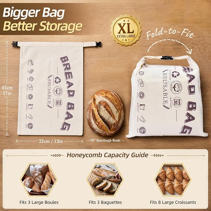 Set of 2 XL Beeswax Bread Bags for Homemade Sourdough | Extra Large Organic Cotton Reusable Bread Bag with Roll Top Buckle, Fresh Storage Keeper for Bakers Loaf, Bagels, Toast.