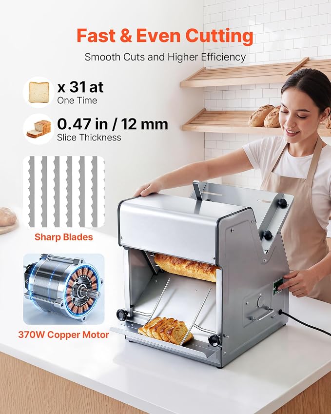 VEVOR Electric Bread Slicer, 370W 1680RPM Bread Slicing C, Stainless Steel Countertop Bread Cutter Machine for 12mm Slice Thickness, Commercial & Home Use for Bakeries Restaurants, 120V