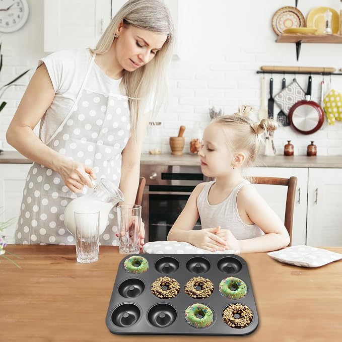 2-Pack Donut Pans for Baking - 12-Cavity Nonstick Carbon Steel Doughnut Trays, Deep Molds for Mini Bagels, Cakes & Homemade Baked Treats, 24 Cavities Total (Black)