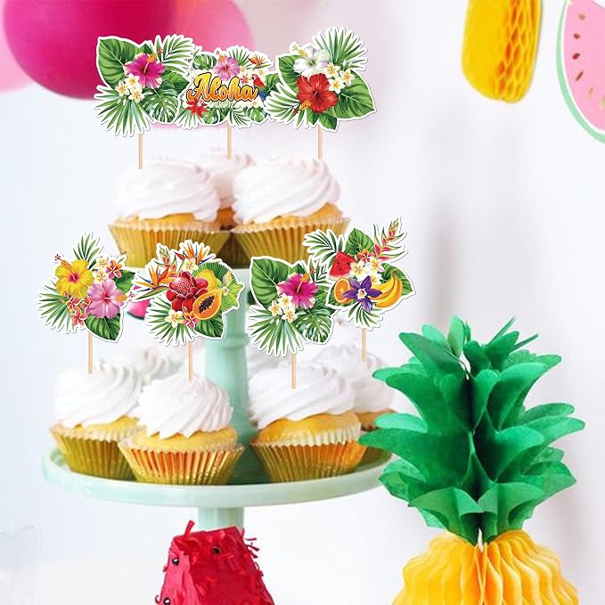 30 PCS Tropical Cupcake Toppers Summer Hawaiian Plants Flowers Fruits Cupcake Picks Luau Palm Leaves Cupcake Decorations for Tropical Aloha Theme Baby Shower Birthday Party Cake Decorations Supplies