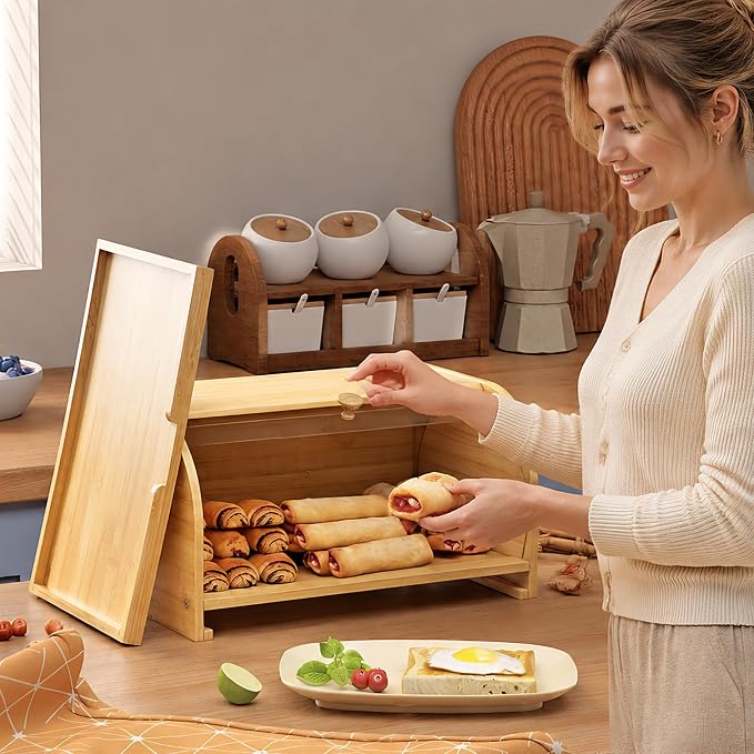 Roll Top Bread Container for Kitchen Countertop, Bamboo Bread Box with Clear Lid, Bread Container Storage（Bamboo with cutting board）