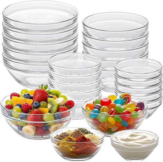 LemonRoad 20 Pcs Glass Prep Bowls Sets 4 Sizes 2.5/4.5/8.5/12.9 oz Cooking Clear Small Prep Pinch Bowls Mini Stackable for Toppings, Kitchen, Salt, Spices, Dipping, Baking & Meal