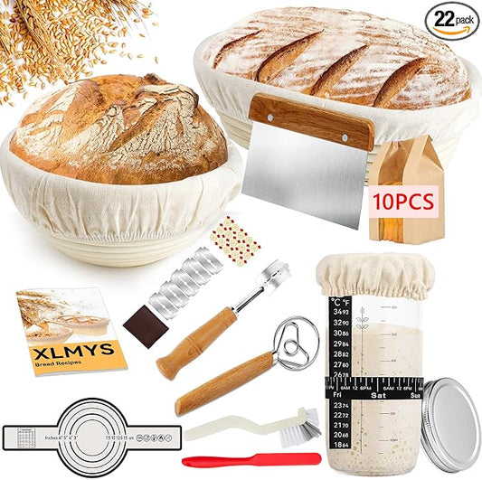 Sourdough Starter Kit - Banneton Proofing Basket 9 Inch Round & 10 Oval, Complete Sourdough Bread Baking Supplies with Starter Jar, Bread Sling, Lame, Danish Dough Whisk, Bags
