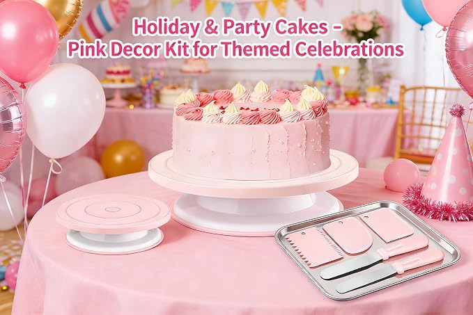 Cake decoration kit baking supplies cake turntable with 2 right angle spatulas and 3 smoothie scraper baking accessories for beginners and professionals, pink