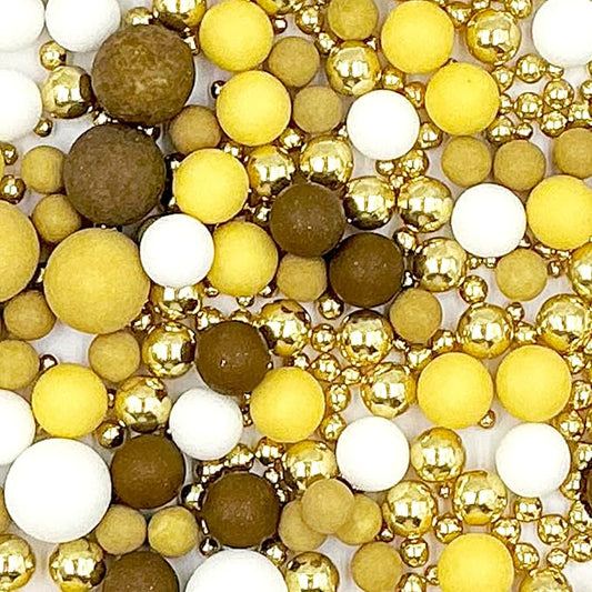 Edible Yellow Brown White and Gold Pearl Sprinkles 142g/ 5.01oz Mixed Color Size Pearl Sprinkles for Cake Decorating Candy Baking Decorations and Cookie Decorating for Wedding Parties Christmas
