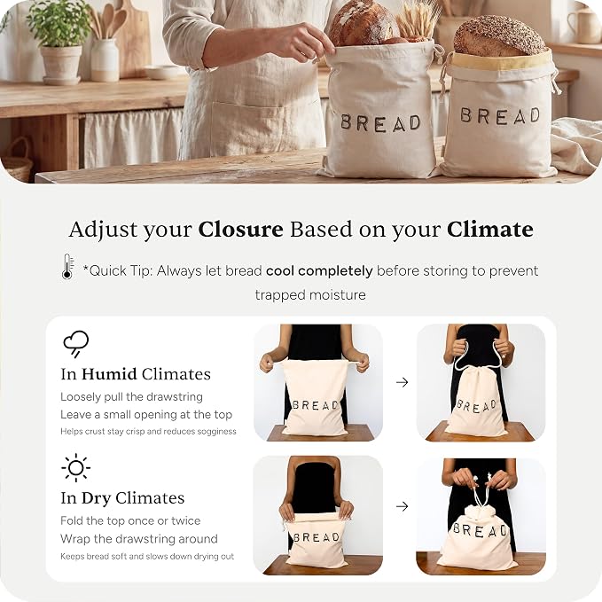 Leafico Bread Bag Set – 2 Cotton Loaf Bags + 1 Baguette Bag with Beeswax Liner – Reusable Storage for Sourdough, Crusty Bread, Artisan Loaves – Washable, Freezer Safe, Eco Alternative