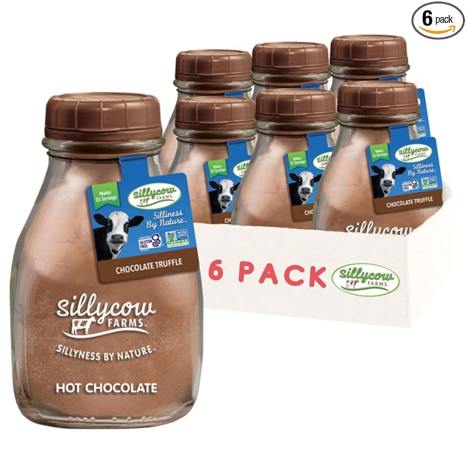 Sillycow Farms Hot Chocolate Mix Truffle Flavor | Vegan, Nut Free Certified Quality Cocoa Powder | Gluten-Free, Non-GMO & Dairy-Free | Reusable Packaging | 16.9 Oz Reusable Glass Bottle - Pack of 6