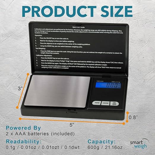 Smart Weigh SWS600 Elite 600g x 0.1g Digital Gram Scale, Pocket Sized Jewelry, Nutrition Kitchen, and School Scale, Slim Design, Black
