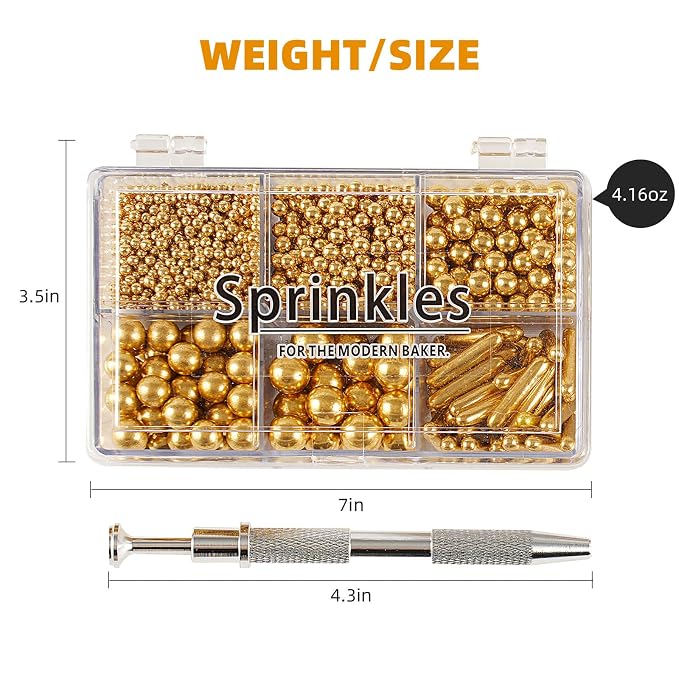 Kasvan Gold Mix Sugar Sprinkles - Edible Candy Pearls with 4-Claw Sprinkle Pen,118g/4.16 Oz, Gift Box Pack, Baking Cake Decorations, Ice Cream Toppings and Cookie Decorating, Wedding Party Chirstmas Supplies