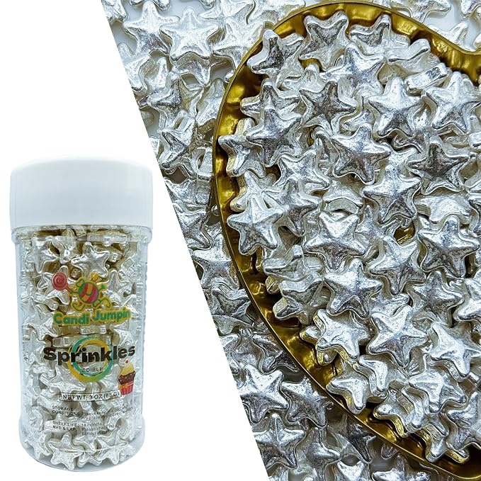 CandiJumpin Edible Star Sprinkles 10 mm, Silver Stars for Cake Decorating Silver Star Cake Decoration Large Edible Stars Baby Shower Party Birthday Wedding Christmas Supplies 3 OZ
