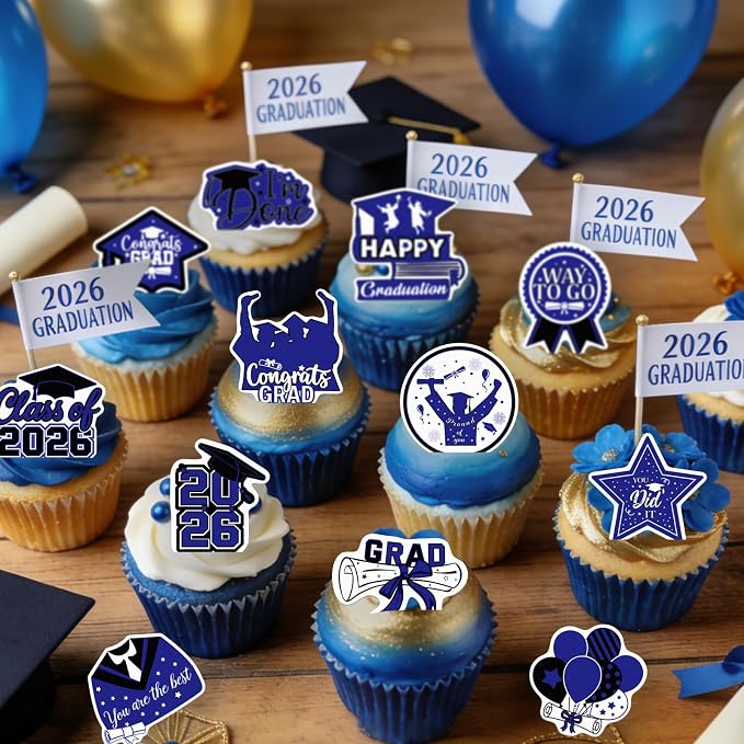 48pcs Edible 2026 Graduation Cupcake Toppers Wafer Paper Blue Class of 2026 Cake Decorations Edible Congrats Grad Cupcake Picks for 2026 Graduation Theme Party Cake Supplies