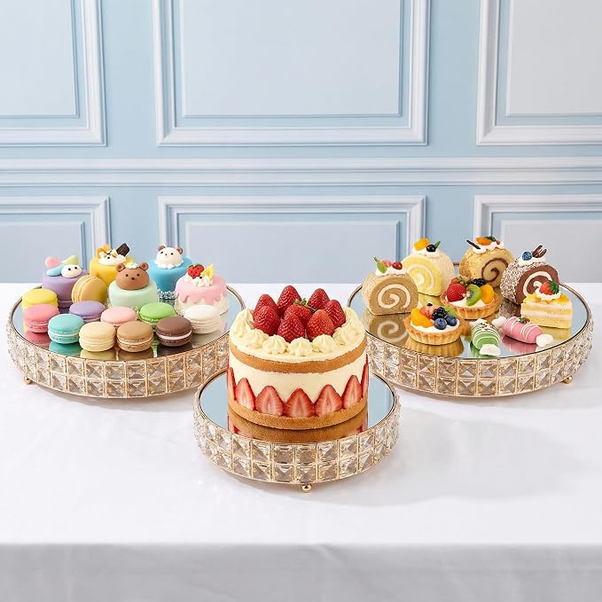 Goaste 3 Pack Crystal Cake Display Stand with Mirror, 14" 12" 10" Metal Pedestal Gold Round Cake Plate Stand, Dessert Cookies Fruit Serving Tray with Shining Crystal Beads for Wedding, Birthday Party