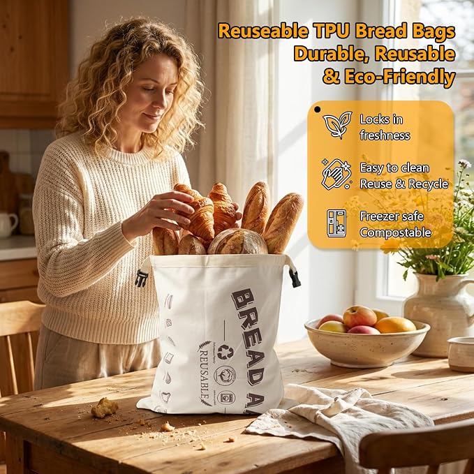 Sourdough Bread Bag Set for Homemade Bread - Yodeler 2 Pack XL Organic Cotton Reusable bread bags for Perfect Baking Accessories, Food Storage Bag Freezer-Friendly to Keep Fresh (TPU Material)