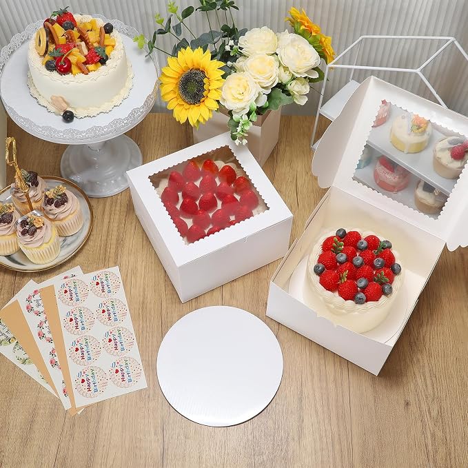 COTOPHER 50 Pcs Cake Boxes 8 Inch, 8x8x5 Inches Cake Containers (25 Boxes & 25 Boards), White Bakery Boxes with Windown for Cookies, Desserts, Cupcake, Pastries, Birthday, Wedding, Mother's Day