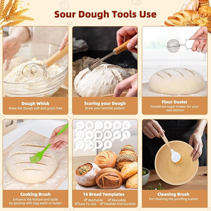 Bread proofing baskets for sourdough 19-Piece Set ，9" Round & 10" Oval Sourdough basket，Sour dough tools，Including bread pull ring, dough mixer,Complete Sour dough starter kit