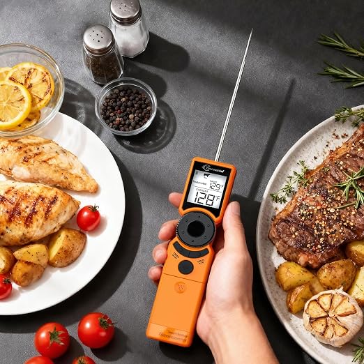 Digital Meat Thermometer for Grill, Instant Read Food Thermometers for Cooking with Food Doneness Guide, Calibration and LCD Backlight Screen, High Accuracy ±1% ℉, BBQ Beef Candy Orange
