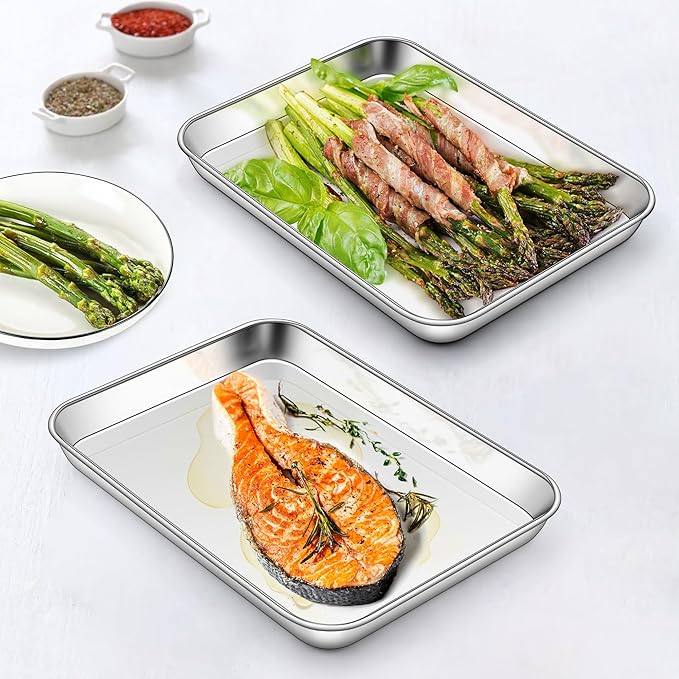 Homikit 4 Pack Baking Sheet, 10x8 Inch Stainless Steel Cookie Tray Set for Cooking Toasting, Small Metal Toaster Oven Baking Pan Non Stick, Rustproof & Mirror Finish, Dishwasher Safe