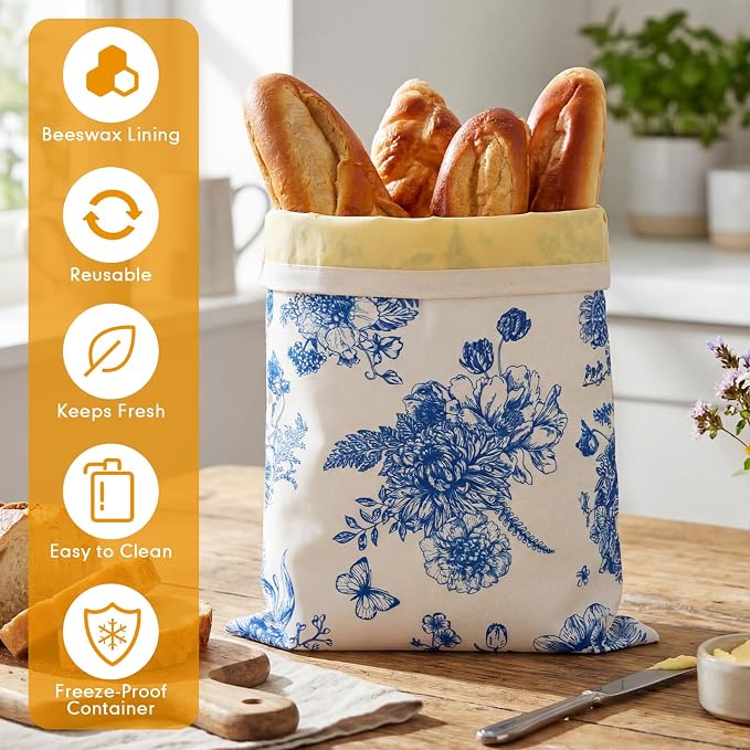 2 Pcs XL Beeswax Bread Bags for Sourdough Reusable 13” x 17” Large Bread Bags with Improved Beeswax Coating Food Wraps for Mother's Day Homemade Loaf Fresh Freezer(Blue Flowers)