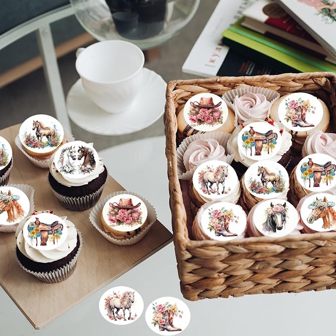 36PCS Edible Floral Horse Cupcake Toppers Wafer Paper Western Cowgirl Cupcake Toppers Edible Derby Horse Cupcake Picks for Western Derby Horse Theme Party Decoration Supplies