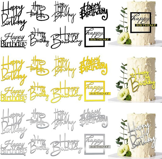 24 PCS Happy Birthday Cake Toppers Mirror Acrylic Side Cake Decorations 8 Styles 3 Colors