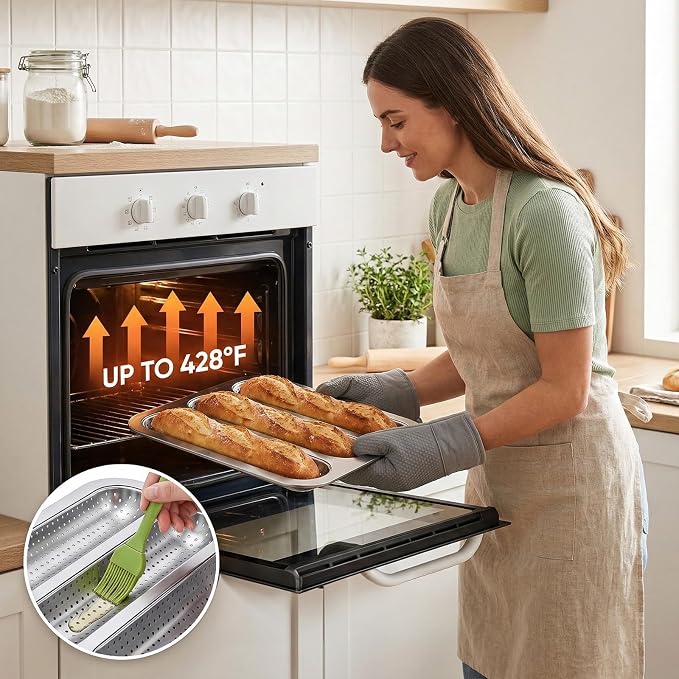 ZOOFOX 2 Pack Nonstick Perforated Baguette Pan, 3-Slot French Bread Baking Pan, Carbon Steel Baguette Tray for Professional and Home Baker, Sourdough, Italian Bread Baking
