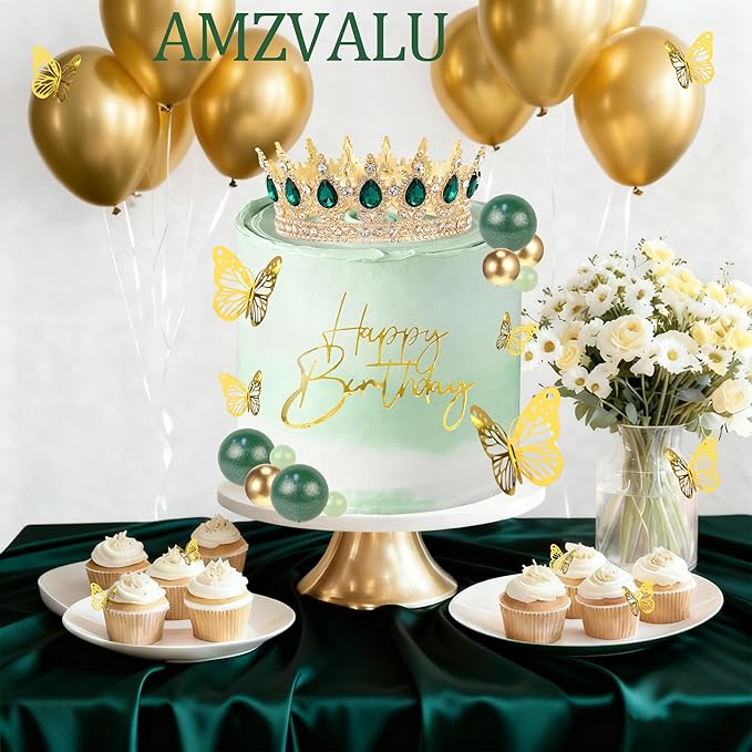 Crown Cake Topper, Green & Gold Crown Balls Happy Birthday Cake Toppers Candles Butterfly, Corona Para Pastel, Crown Cake Decoration for Women Queen Princess Party Wedding (Gold, Green)