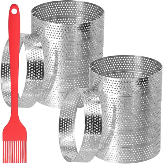 12Pack Tart Rings, 304 Stainless Steel Perforated Tart Rings with Silicone Oil Brush, 3.15 Inch Cake Mousse Rings, Metal Pastry Cake Molds for Baking Dessert Rings, Dishwasher-Safe