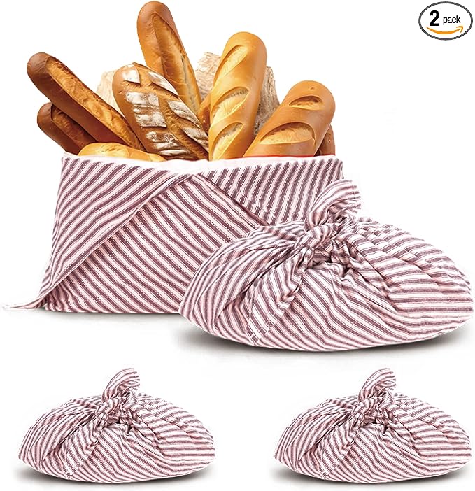 yeload 2 Pack Beeswax Bread Bags, Striped Linen Bento Bags, 14" Cotton Loaf Bag, Reusable Organic Food Storage, Sourdough Bag, Rustic Farmhouse Azuma Bukuro Origami Wrap for Baked Gifts (Red, 2)