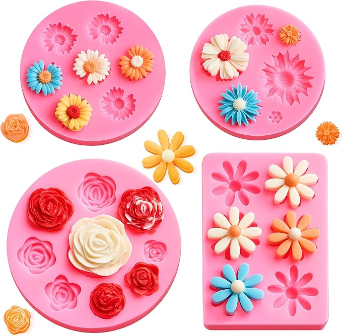 Puyeipt 4 Pcs Flower Silicone Fondant Molds, Daisy Rose Flower Chocolate Candy Molds for Cupcake Topper, Cake Pop Decoration and Clay Craft Making