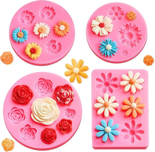 Puyeipt 4 Pcs Flower Silicone Fondant Molds, Daisy Rose Flower Chocolate Candy Molds for Cupcake Topper, Cake Pop Decoration and Clay Craft Making