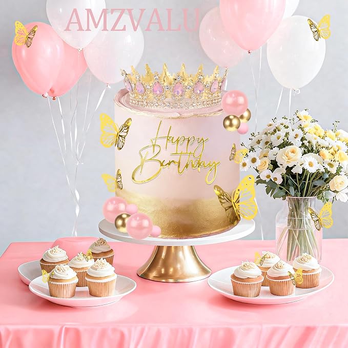 Crown Cake Topper, Pink & Gold Crown Balls Happy Birthday Cake Toppers Birthday Candles Butterfly, Corona Para Pastel, Crown Cake Decorations for Women Queen Princess (Gold, Jelly Pink)