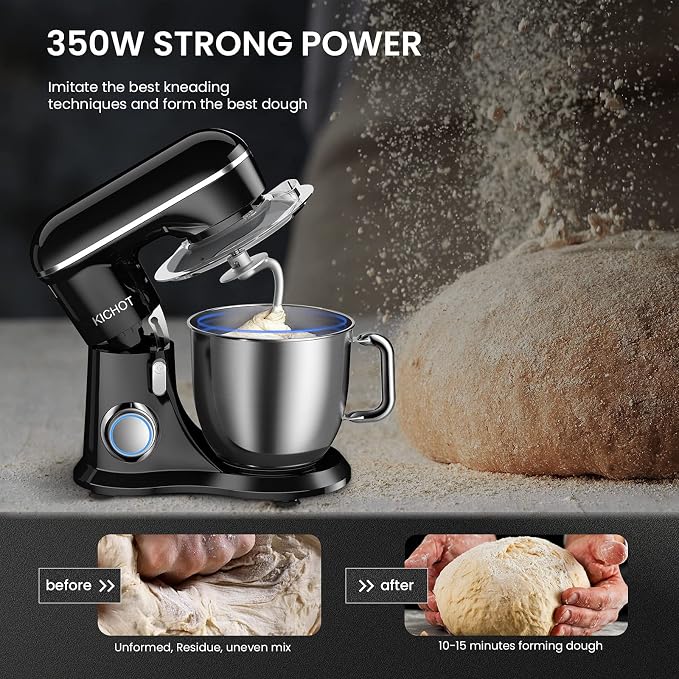 Stand Mixer, KICHOT 10+P Speed 4.8 Qt. Household Stand Mixers, Tilt-Head Dough Mxier with Dough Hook, Beater, Wire Whisk & Splash Guard Attachments for Baking, Cake, Cookie, Kneading, SM-1533,Black