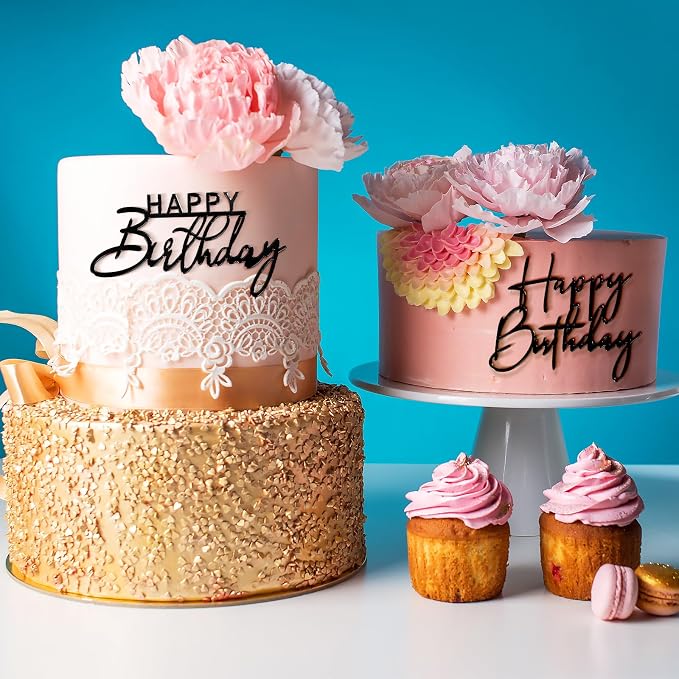 6Pcs Cake Toppers Happy Birthday Acrylic Cake Topper Happy Birthday Cake Sign Picks Happy Birthday Cake Decorations Cake Stick Decor for Celebrating Birthday Anniversary Party(Black)