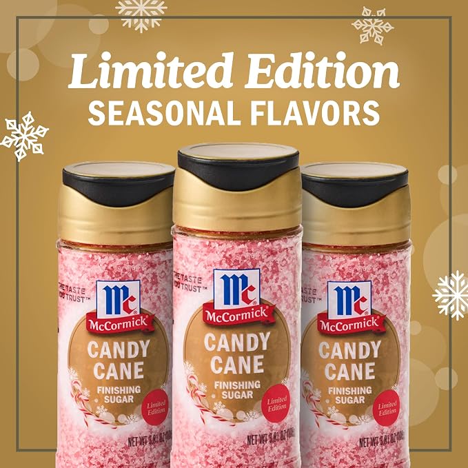 McCormick Finishing Sugar, Candy Cane, Limited Edition, Sweet Peppermint, Iconic Holiday Flavor, For Hot Chocolate, Chocolate Fudge, Bark, Cocktails, and More, 3.81 oz