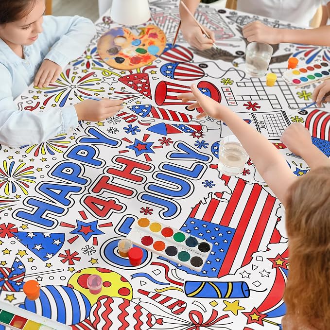 Gatherfun 4th of July Coloring Tablecloth | Patriotic Giant Poster 31.5x72 | Ideal for Independence Day Decor & Activities | American Flag-Themed for Classroom Wall or School Party Table Cover