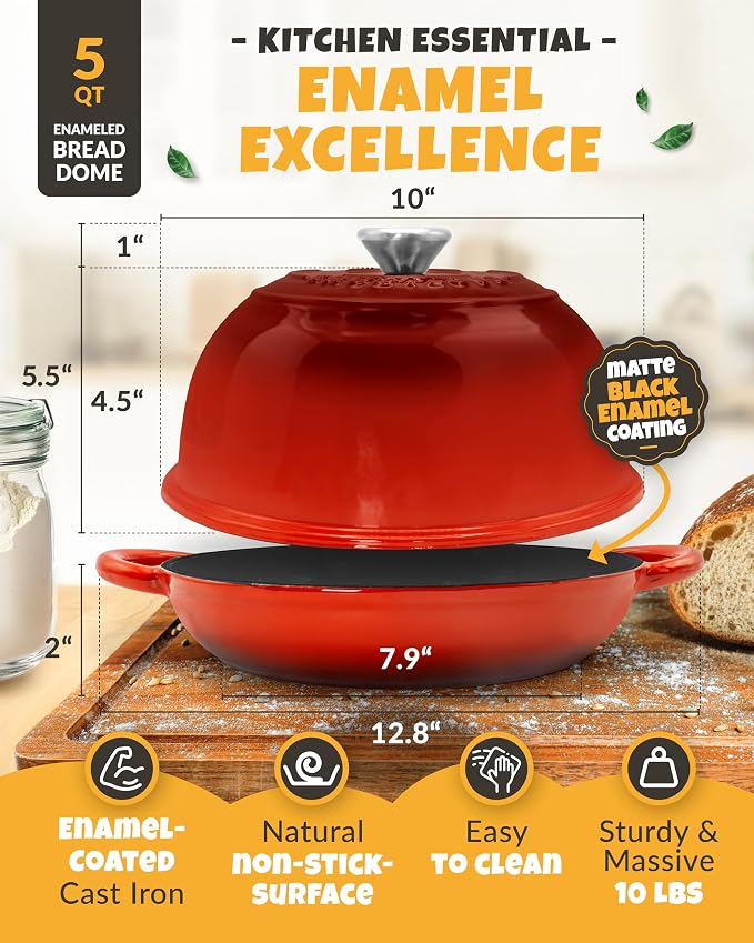 CRUSTLOVE Dutch Oven Bread Baking - 5QT Enamel Bread-Oven - incl Sourdough Bread-Baking Suppliers like Dough Whisk Scoring Lame etc Bread-Dome Cast Iron Bread-Pan with Lid for Sour dough, Bread-making
