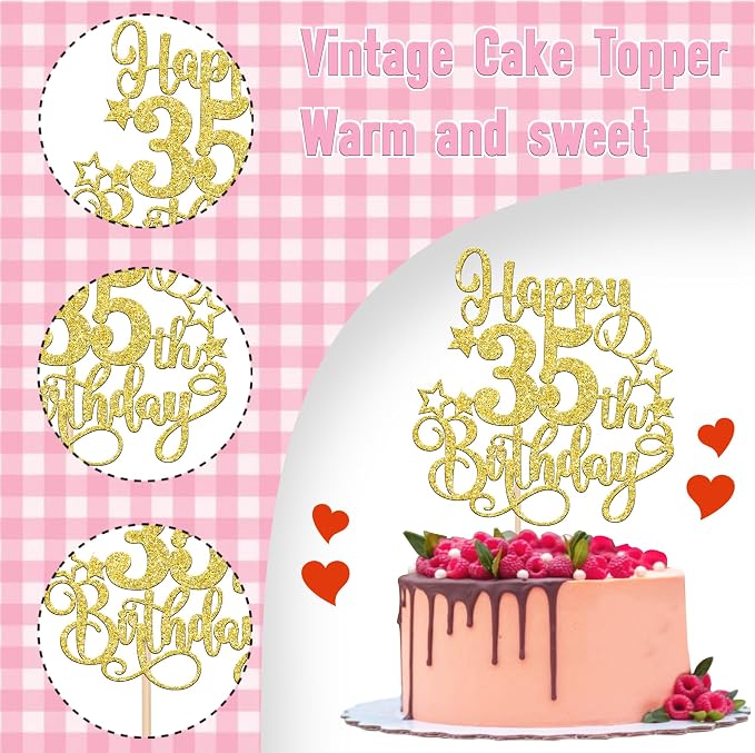 1 PCS Happy 35th Birthday Cake Topper Glitter Cheers to 35 Years Birthday Cake Pick Hello 35 Fabulous Cake Decoration for Happy 35th Birthday Anniversary Party Decorations Supplies Gold