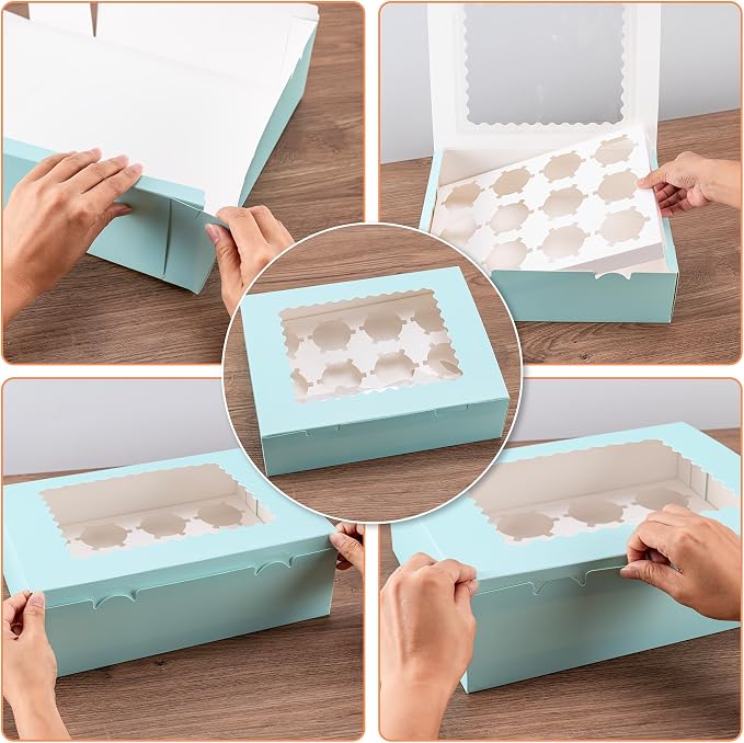 Hoewina 6PCS Cupcake Boxes - Hold 12 Count Cupcake Containers with Window, Food Grade Cupcake Holder Easy Transport and Presentation - Ideal for Cupcakes, Desserts, and More (Baby Blue)